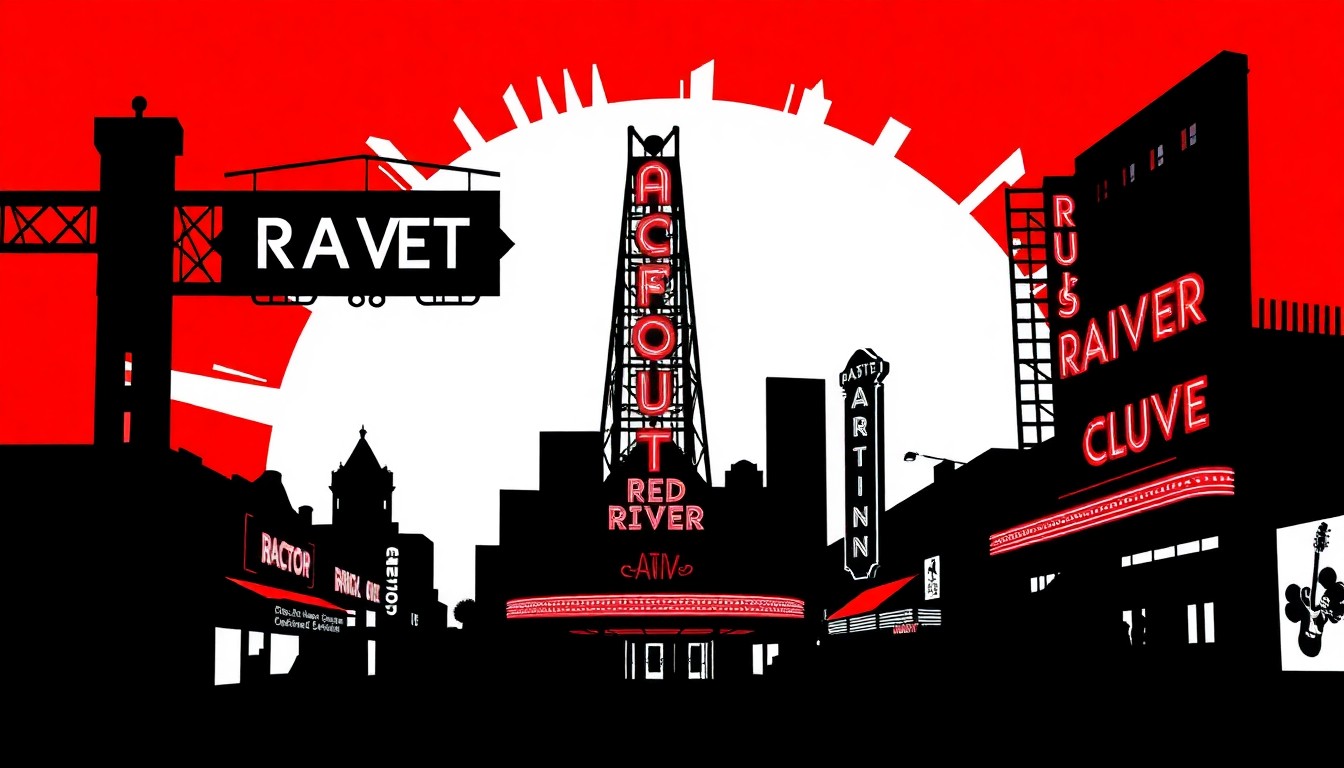 An abstract, minimalist illustration featuring stark black silhouettes of music venue facades and neon signs, set against a high-contrast background of deep red and bright white, conceptually representing the vibrant energy and iconic status of Austin's Red River live music scene.
