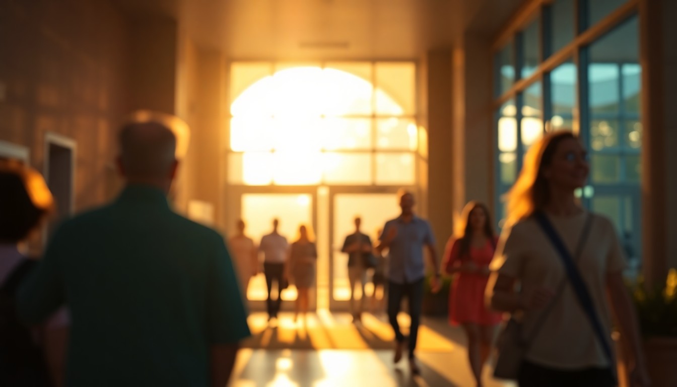 An abstract, out-of-focus scene of people entering and exiting a government building, with soft, warm pools of light and color creating a hazy, atmospheric mood.