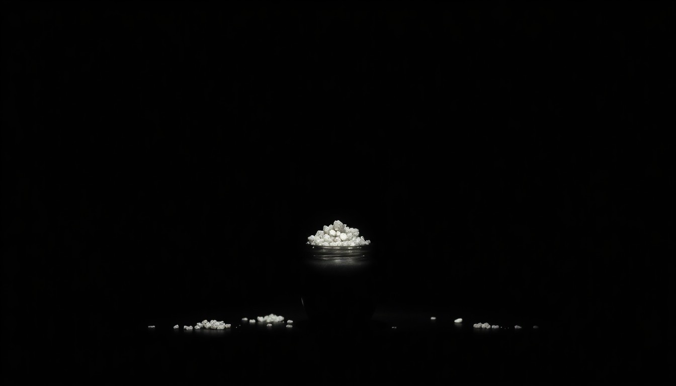 An extreme close-up photograph of a small urn or container used to hold pet ashes, lit by a harsh, direct camera flash against a pitch-black background, creating a stark, gritty, investigative aesthetic that conceptually represents the emotional distress caused by the fraudulent pet cremation scheme.