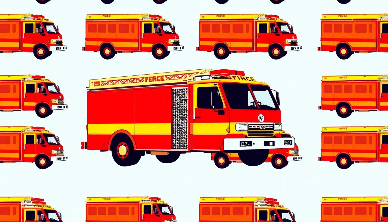 A bold, colorful silkscreen-style illustration featuring a repeated icon of a fire truck in a grid pattern, using a high-contrast palette of neon colors and heavy black outlines to create a modern, abstract representation of public safety equipment.
