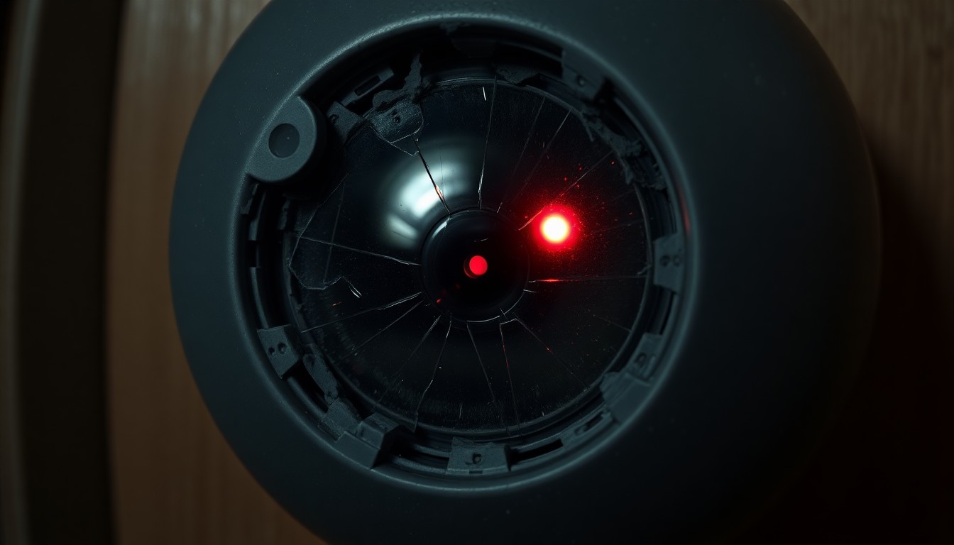 An extreme close-up photograph of a broken doorbell camera lens reflecting a faint red light, conceptually representing the damage and intrusion of a home invasion incident.
