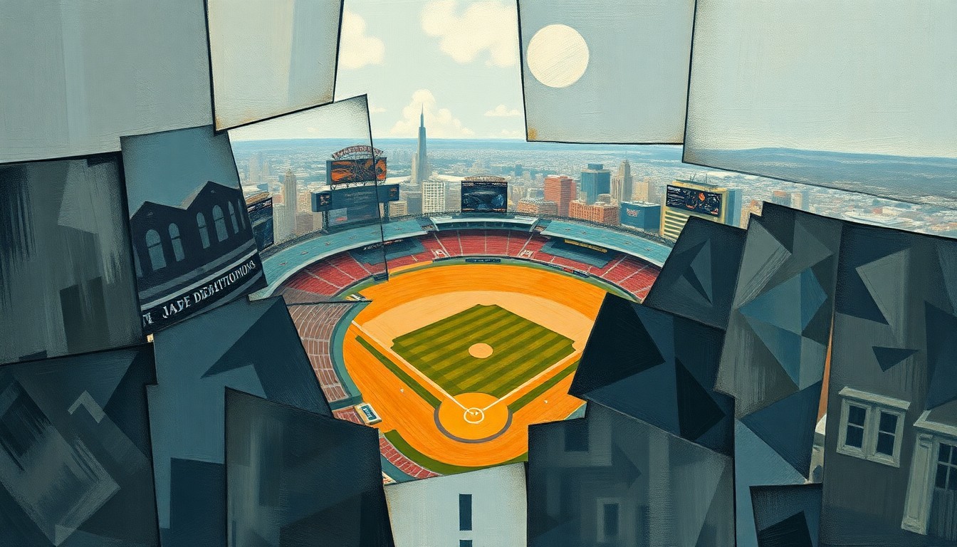A fragmented, cubist-style painting depicting the abstract forms of a baseball stadium and surrounding city buildings, rendered in a palette of muted blues, greys, and browns to convey the complexity of the Royals' relocation plans.