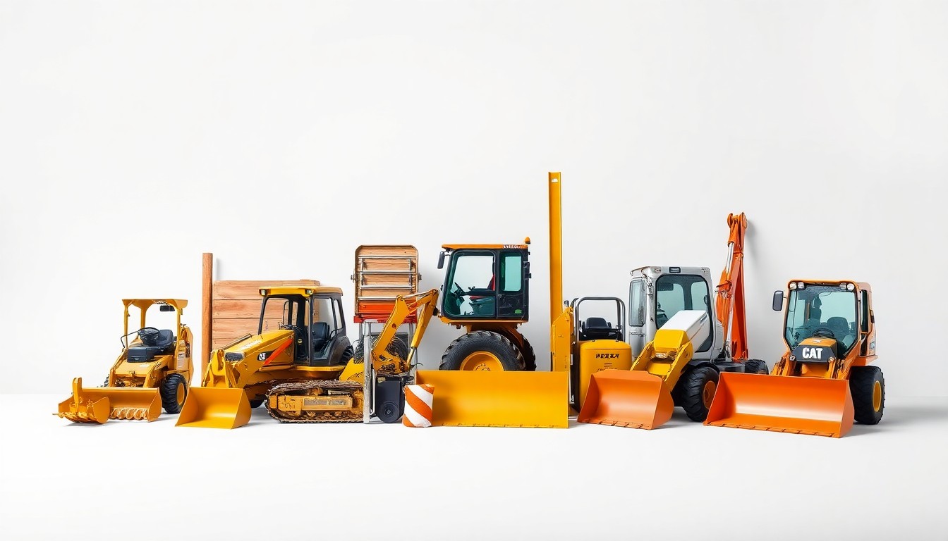 A high-end, photorealistic studio still-life photograph featuring a selection of premium, polished construction equipment and event rental items arranged elegantly on a clean, monochromatic background, conceptually representing the diverse range of products and services offered by Paw Paw Rentals.