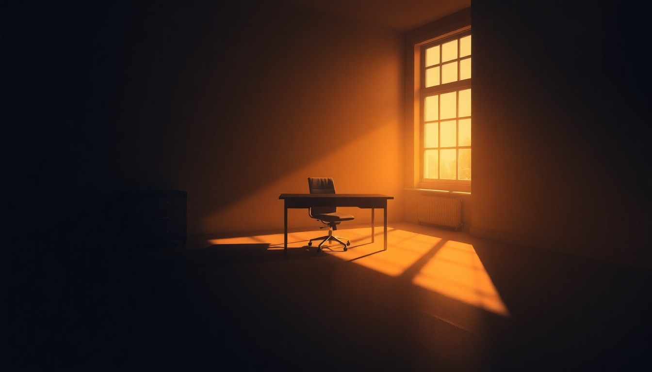 A dimly lit, cinematic office space with a lone desk and chair, the room bathed in warm, golden light streaming through a window, creating a sense of quiet contemplation and the personal toll of a high-profile political scandal.