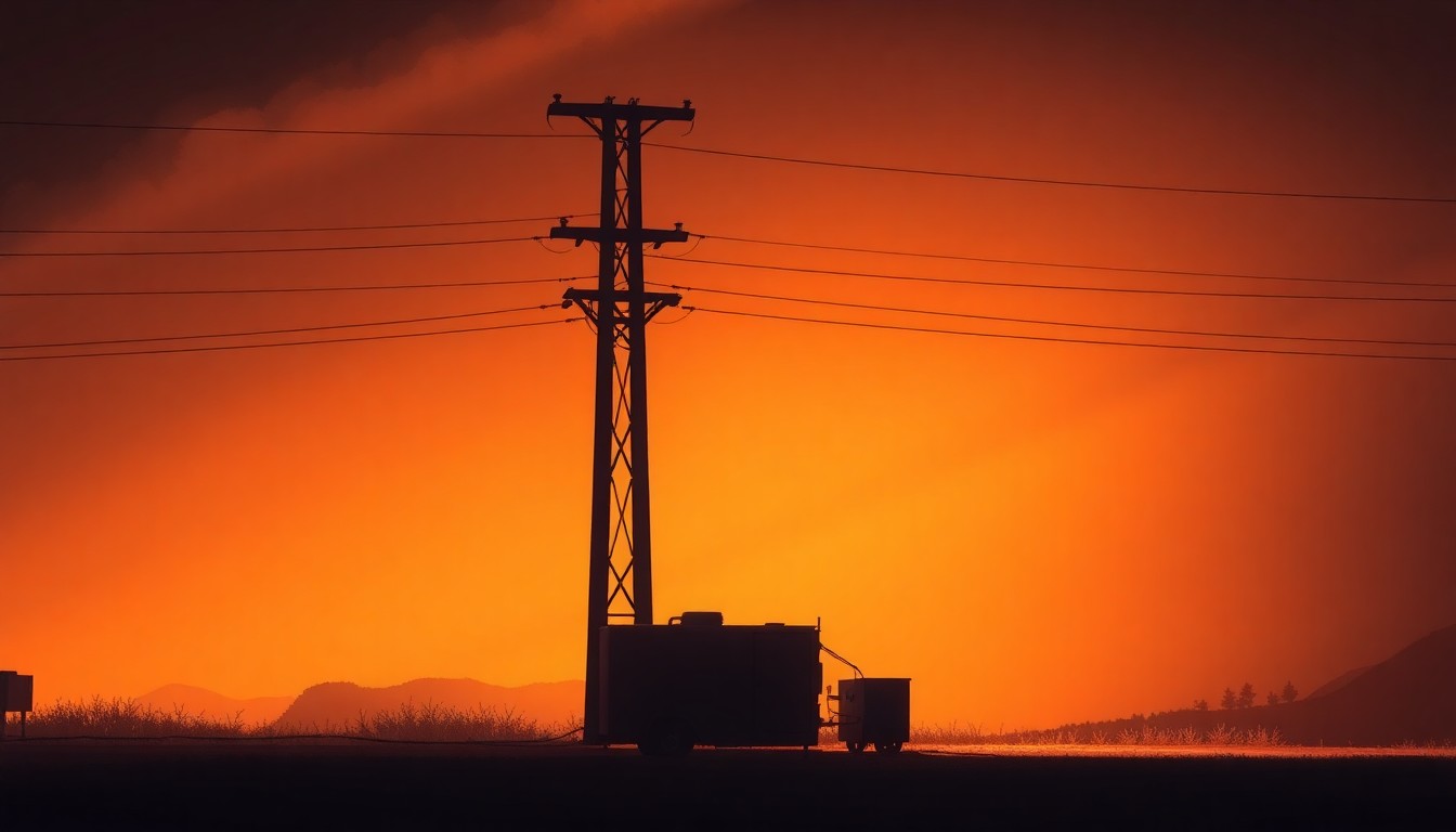 A serene, photorealistic painting of a lone power line pole or electrical substation, its metal and concrete structure casting long shadows across the ground in the warm glow of the setting sun, conveying a sense of transition and change in the public utility.
