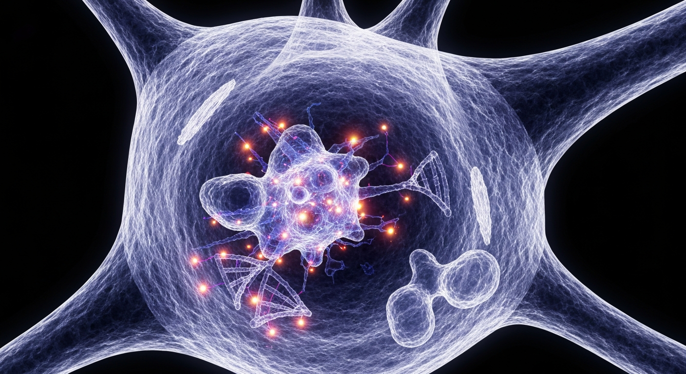 A highly detailed, translucent X-ray photograph showing the internal structure of an immune cell, with ghostly glowing lines and shapes representing the genetic mutations that may drive autoimmune diseases.