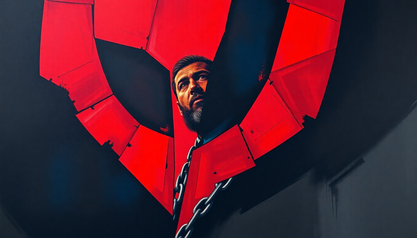 A dynamic, abstract painting with overlapping geometric shapes and waves of deep red, navy blue, and charcoal grey, conceptually representing the imprisonment of the Venezuelan president.