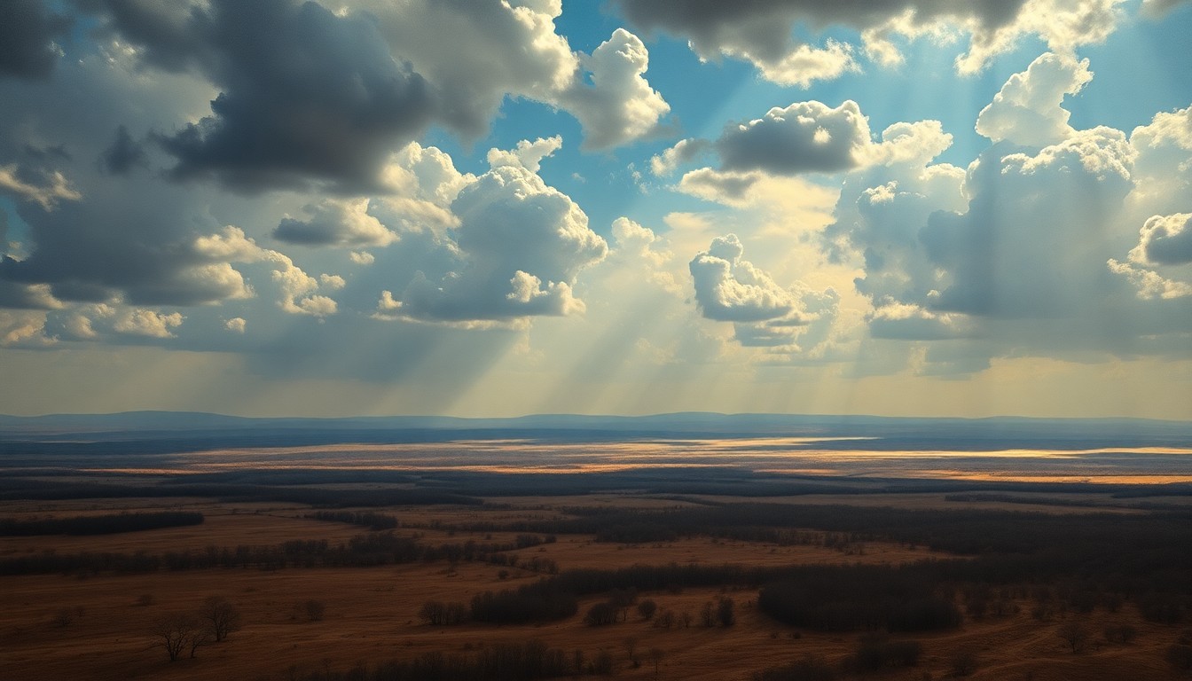 A vast, majestic landscape painting in muted earth tones, with a dramatic, hazy sky and deep, atmospheric perspective that dwarfs any physical structures or vegetation, conveying the overwhelming scale and harsh conditions of the drought-stricken countryside.