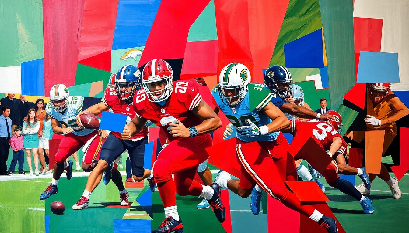 A fragmented, cubist-style painting depicting the chaotic action of a college football pass rush, with sharp geometric shapes and planes in bold colors representing the defensive pressure.