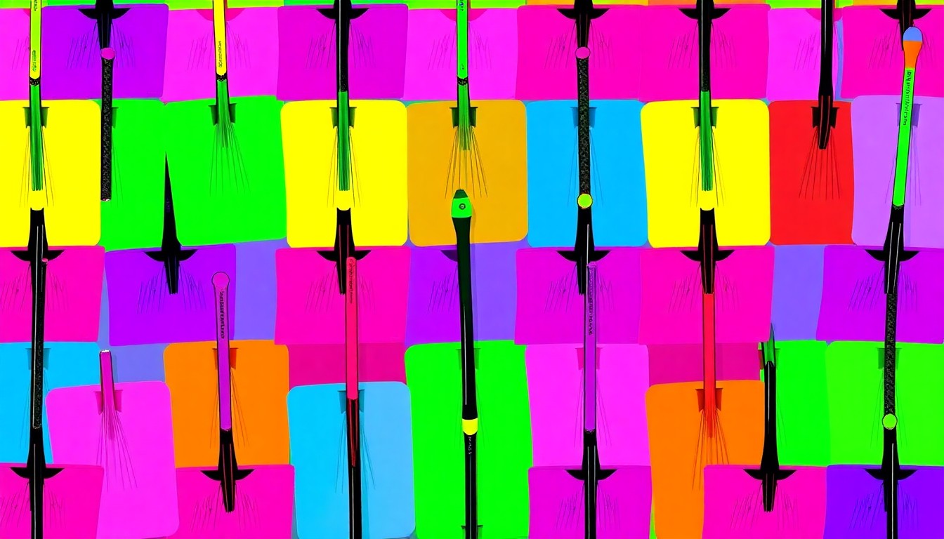 A vibrant, high-contrast silkscreen print composed of a repeating grid of snow shovels in neon pink, yellow, and blue, conceptually representing the seasonal transition and maintenance work in Steamboat Springs.