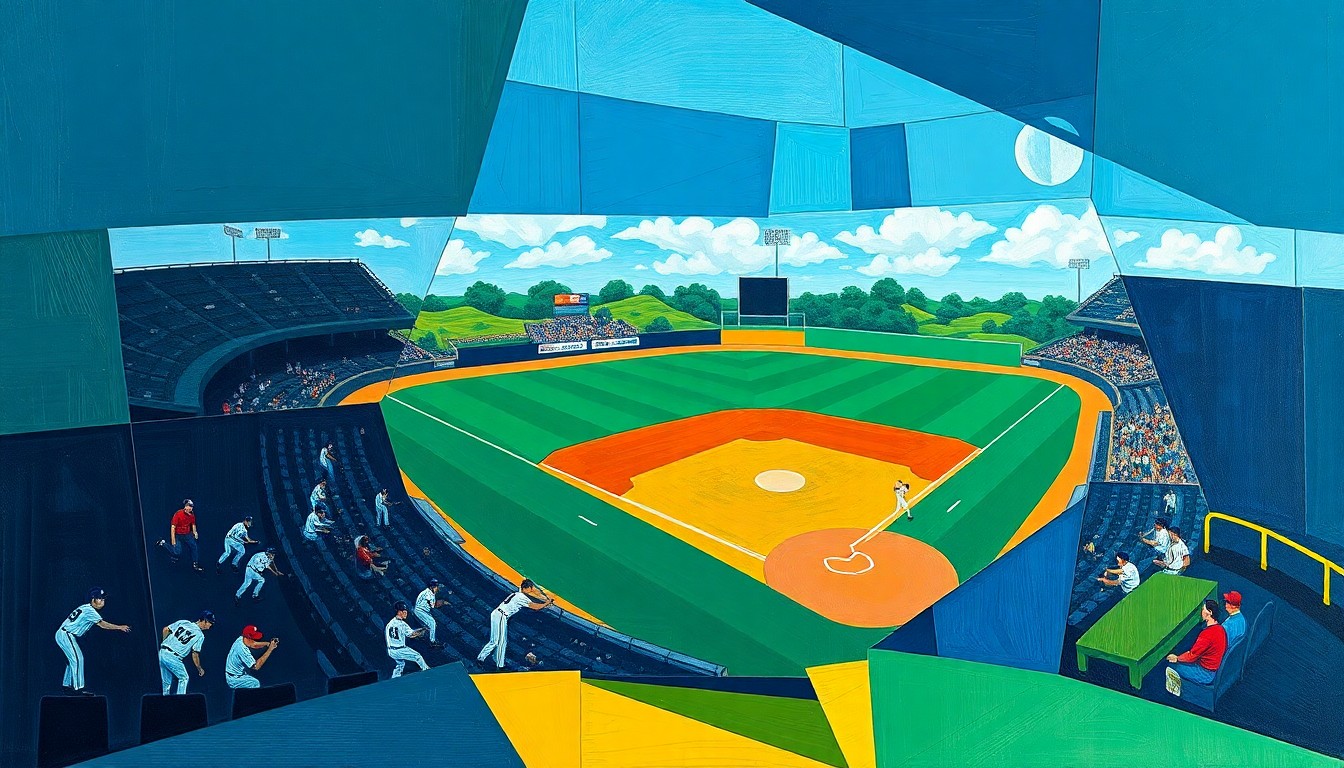 A fractured, geometric painting in bold blues, greens, and yellows, abstracting a college baseball game into sharp, overlapping planes and shapes, conveying the dynamic energy and success of the College of the Desert Roadrunners.