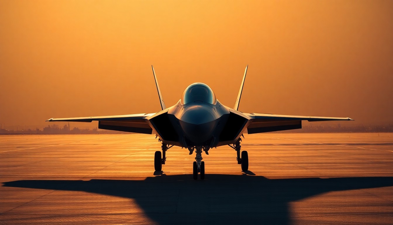 A photorealistic painting of an F-35 fighter jet parked alone on the tarmac of an air force base, the plane's sleek lines and angular design contrasting with the warm, hazy light and deep shadows that envelop the scene, creating a contemplative and melancholic mood.