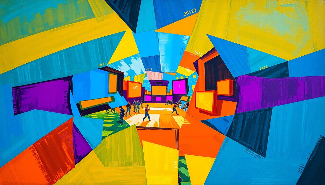 A cubist, geometric painting depicting a fractured, multi-perspective view of a CS2 match or competition, with sharp, overlapping planes of vibrant colors like electric blue, neon orange, and deep purple, conceptually representing the challenges of roster changes and team-building in the evolving CS2 esports landscape.