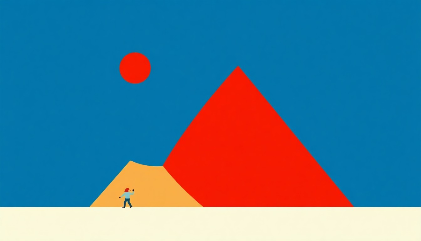 A composition of overlapping triangles and circles in shades of blue, red, and yellow, conveying a sense of disruption and instability without any literal imagery.