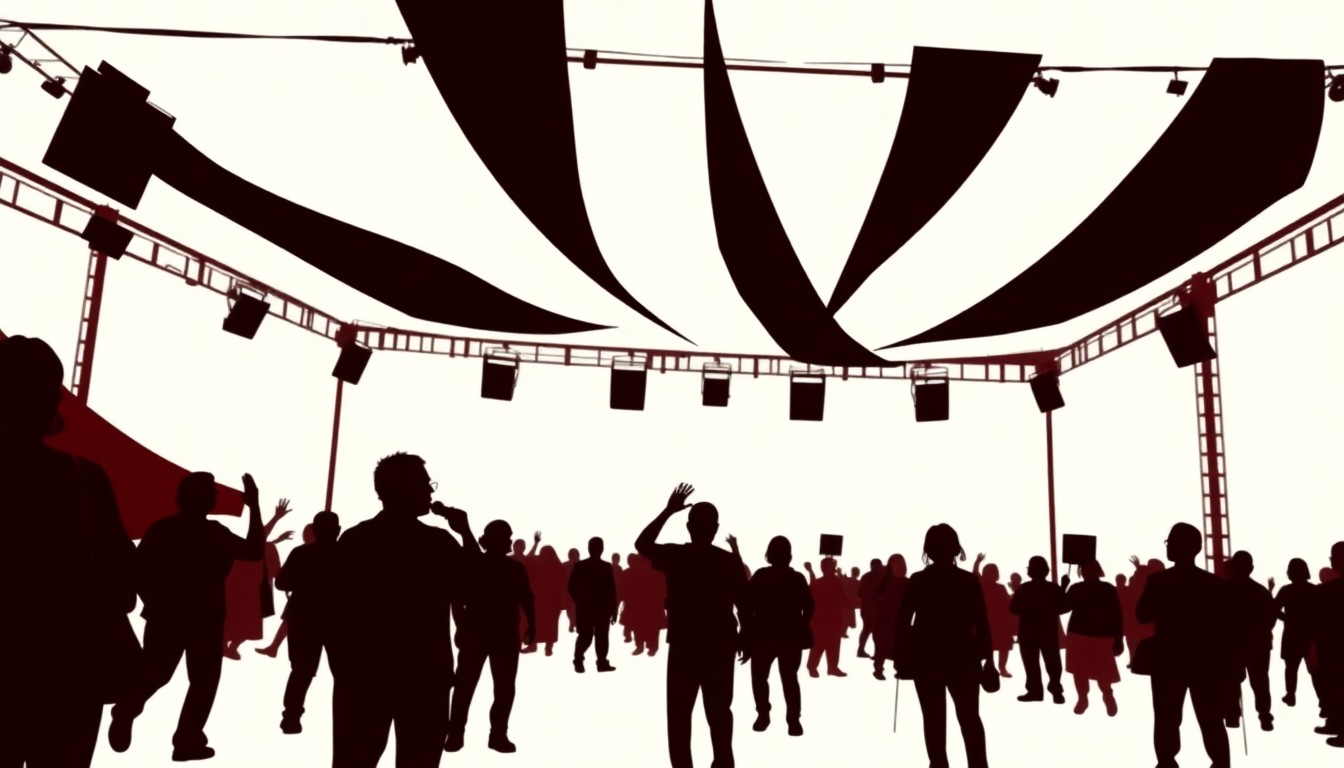 A vibrant abstract illustration featuring bold black shapes and bright red and white colors, conceptually representing the energy and excitement of an outdoor music festival.