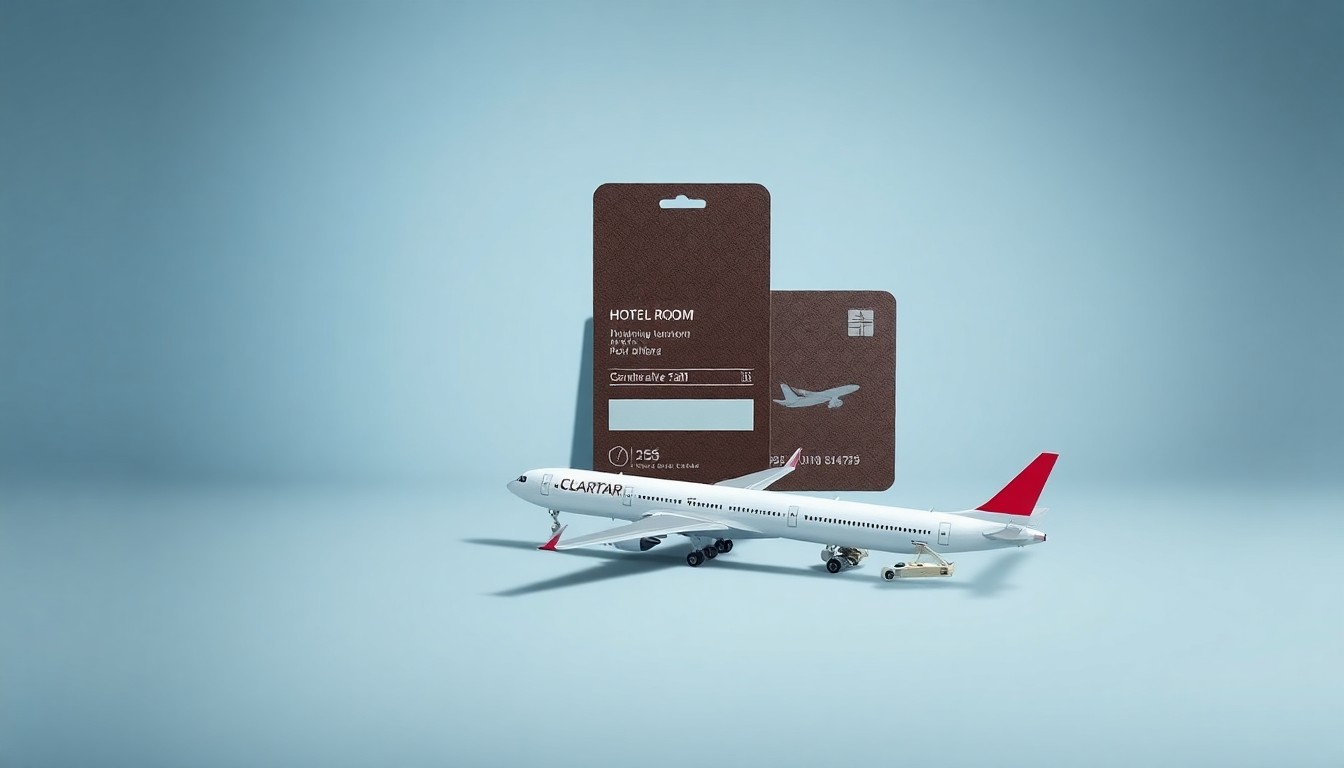 A high-end, photorealistic studio still-life photograph featuring a sleek hotel room key card, a stylized airplane model, and aviation-themed lapel pins, symbolizing the intersection of luxury hospitality and cutting-edge aviation infrastructure.