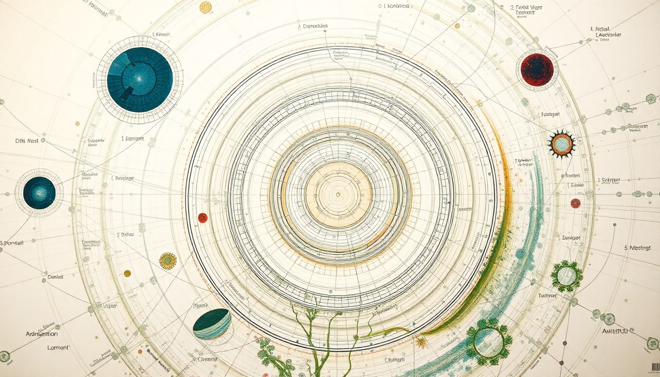 A highly structured, abstract painting in earthy tones of green, blue, and brown, featuring sweeping geometric arcs, concentric circles, and precise spirals that conceptually represent the interconnected optical communication terminals and data flows of the HydRON project.