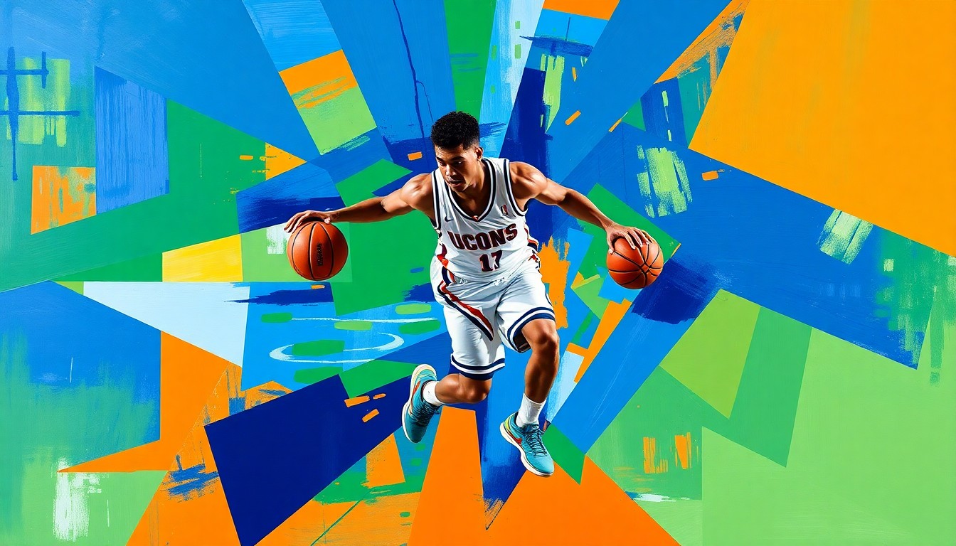 A fragmented, cubist-style painting depicting a UConn basketball player in motion, with sharp geometric shapes and planes of vibrant blue, green, and orange hues conveying the dynamic energy of the sport.
