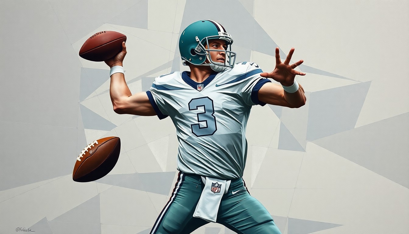 A fractured, cubist-style painting depicting a football quarterback's throwing motion broken down into sharp, overlapping geometric shapes in muted colors, conveying the challenges Stroud faces in finding success.