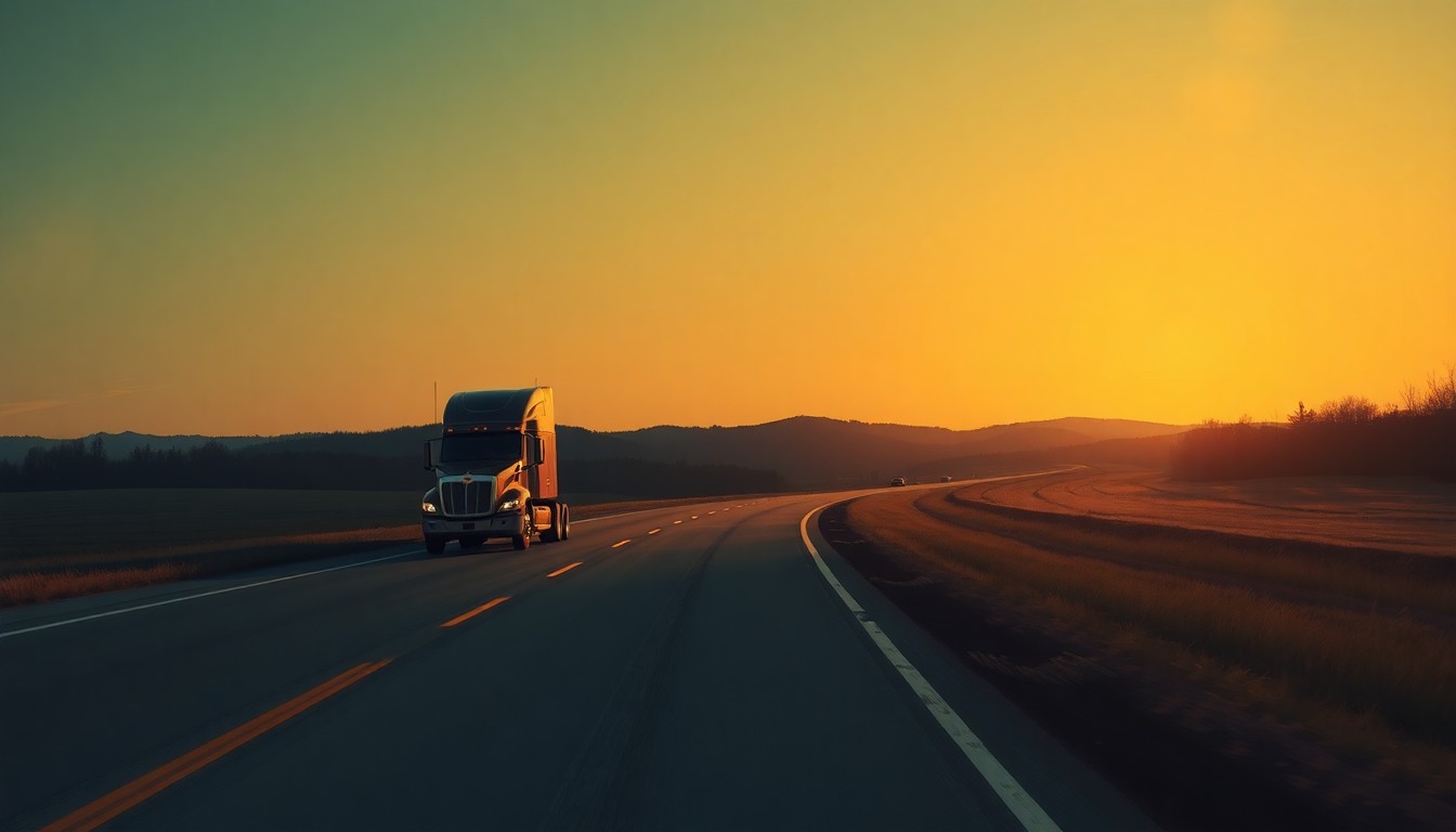A serene, photorealistic painting of a solitary semi-truck traveling down an empty stretch of interstate highway, with warm sunlight casting long shadows across the asphalt.