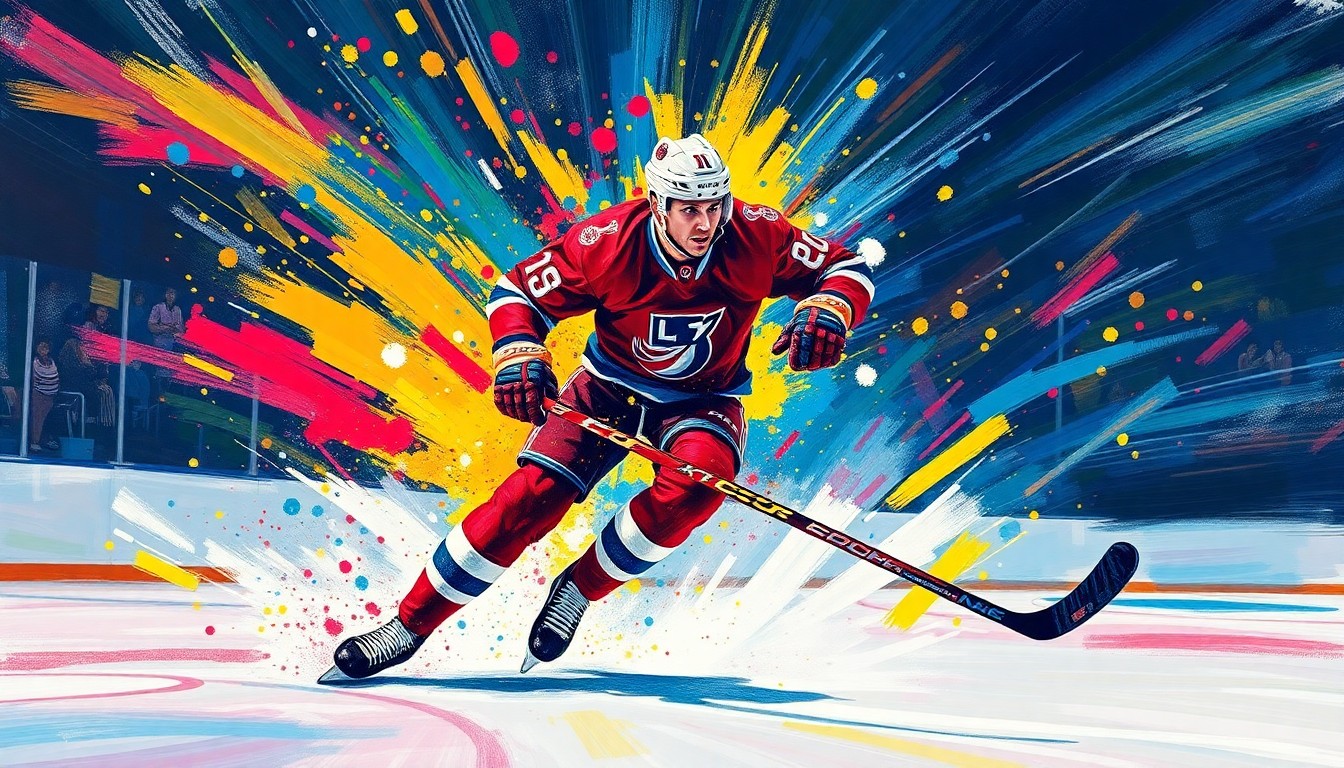 A dynamic, abstract painting featuring rapid brushstrokes of neon colors that capture the raw athletic energy and scoring movements of a hockey player, with their face and jersey number dissolving into unrecognizable splatters of paint.