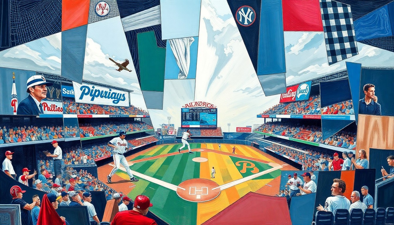 A fractured, geometric painting depicting a baseball game or match, with overlapping planes of color and shape representing the action on the field.