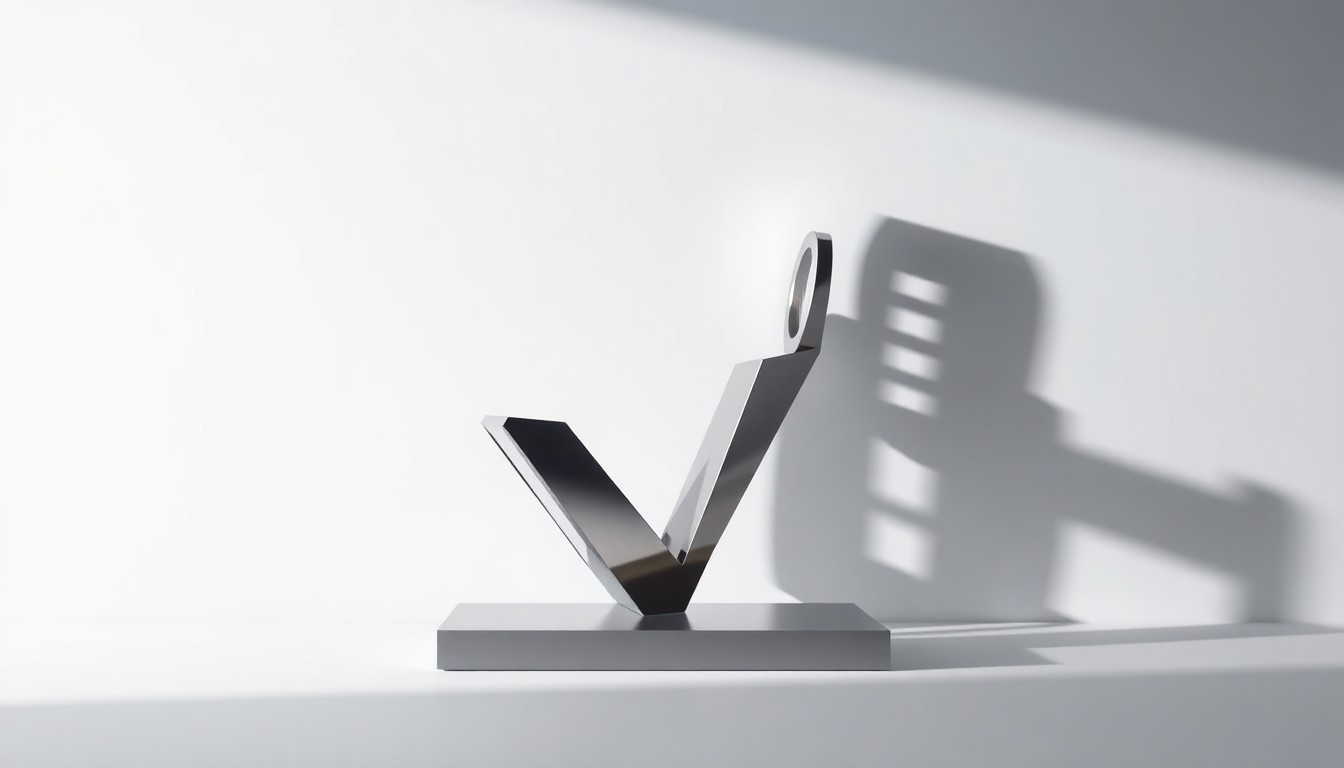 A high-end, photorealistic studio still-life photograph featuring a polished, geometric metal sculpture representing an abstract corporate structure, floating on a clean white background and dramatically lit from the side to cast deep shadows, conceptually illustrating the complexities of commercial real estate succession planning.