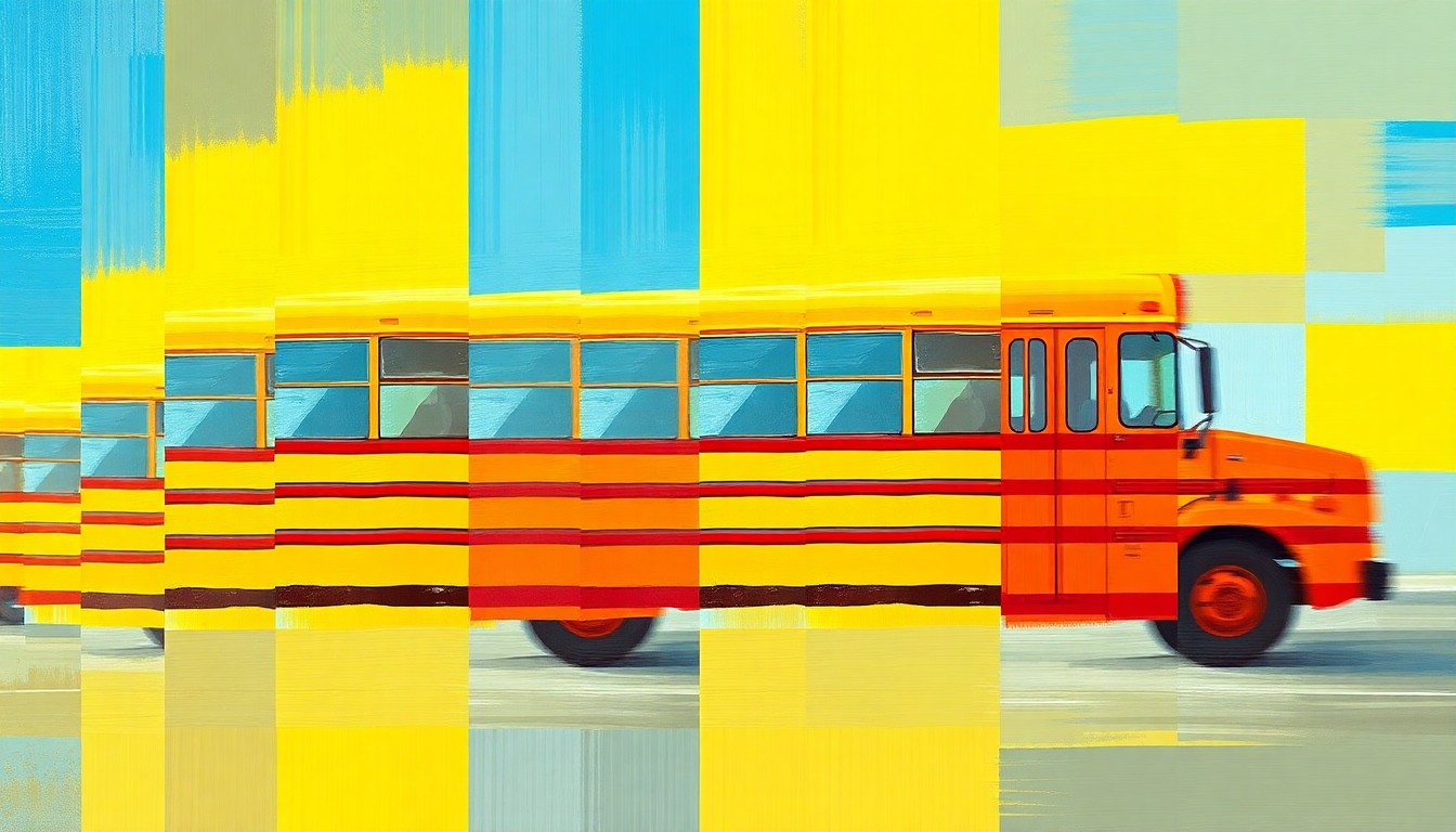 A dynamic, abstract painting of a school bus in motion, with the vehicle's shape repeated in overlapping, fractured geometric patterns in bright, vibrant colors, conveying a sense of energy and movement.