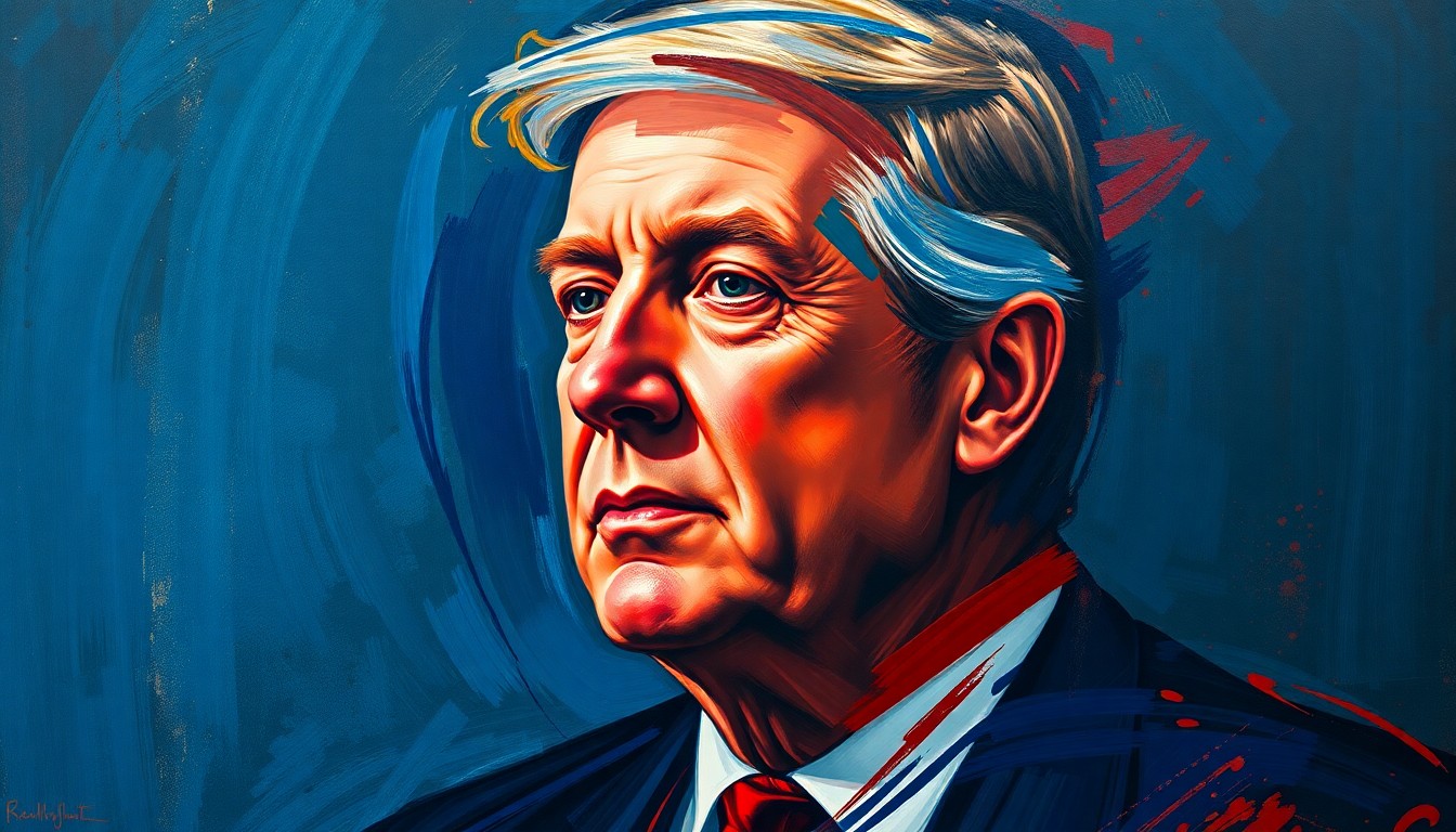 A dynamic, abstract painting with overlapping geometric shapes and fractured lines in shades of blue, red, and gold, conceptually representing the turbulent aftermath of misconduct allegations against a politician.