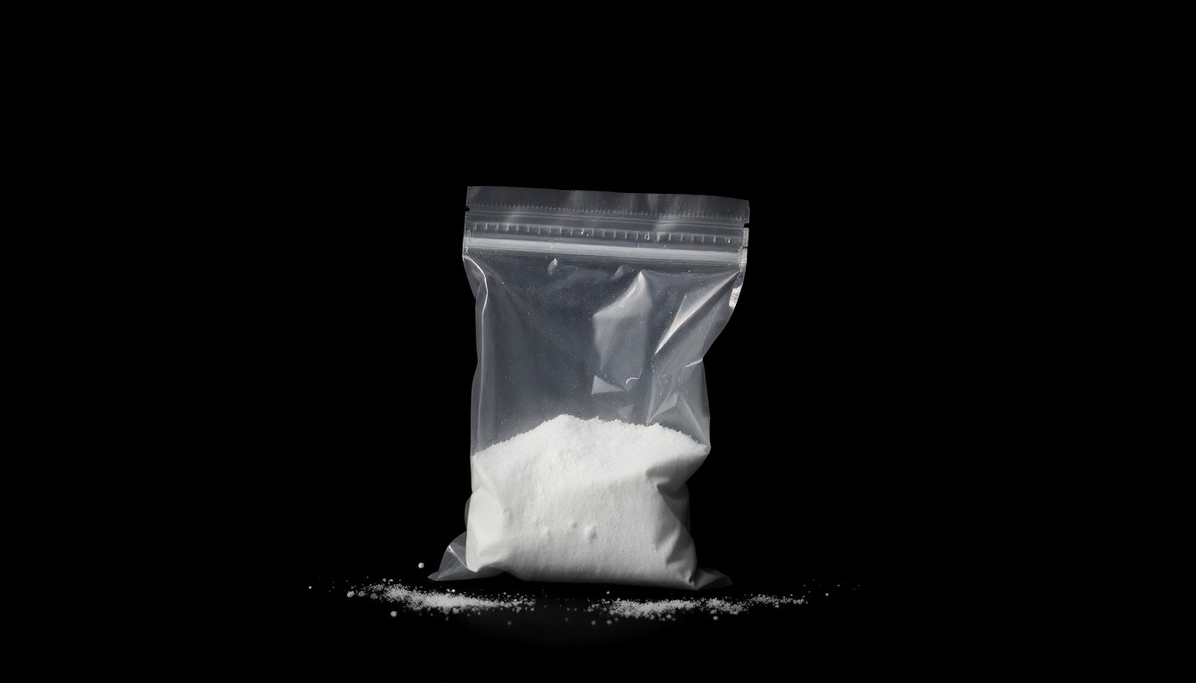 An extreme close-up photograph of a small plastic bag containing a white powdery substance, starkly lit by a harsh camera flash against a pitch-black background, conveying the gritty reality of the city's drug trade.