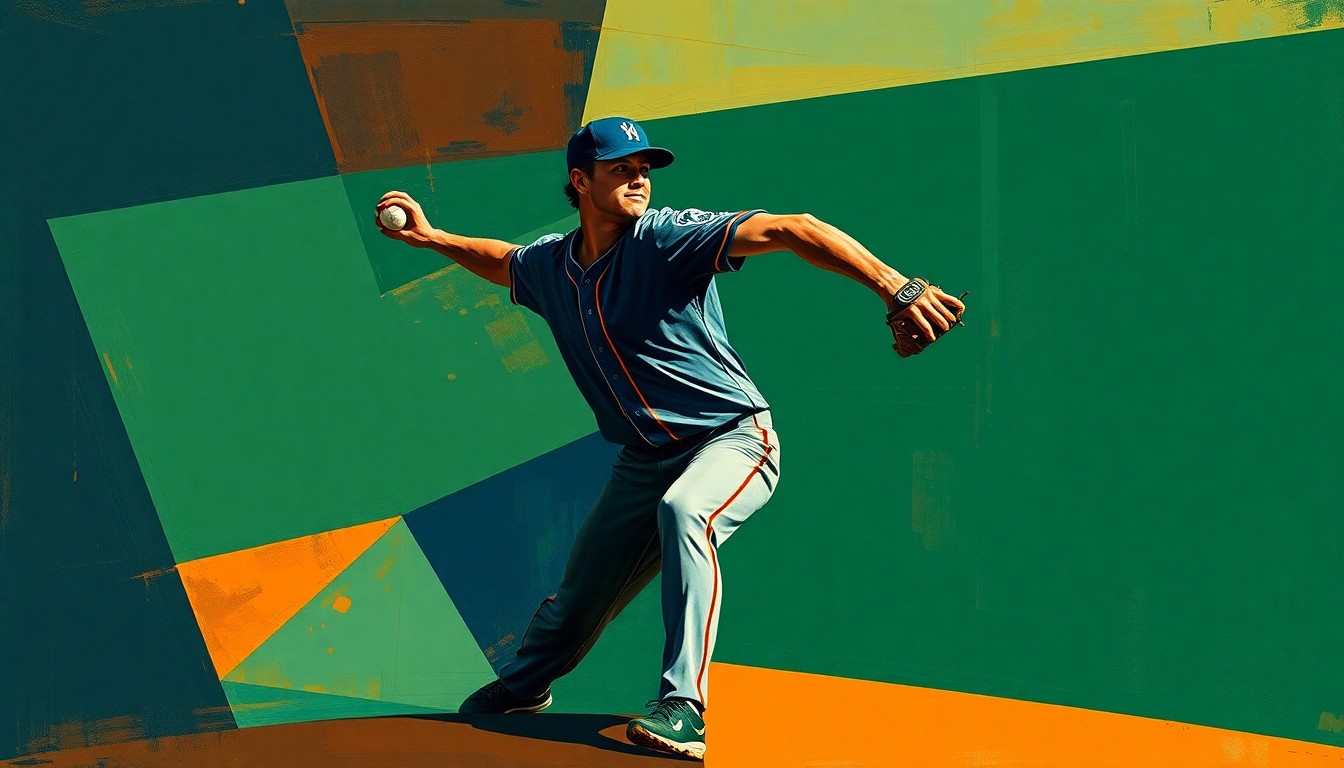A fragmented, geometric painting depicting a baseball pitcher's motion broken down into sharp, overlapping planes of color, conceptually representing the challenges of transitioning to a new league and lifestyle.