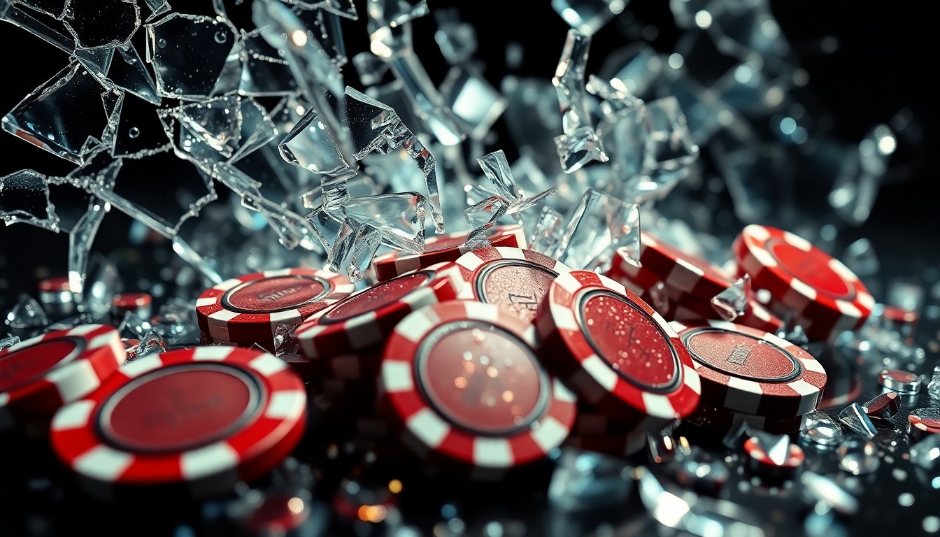 An abstract, high-contrast close-up image of shattered glass and glittering casino chips, conveying the glamour and violence associated with the entertainment industry.