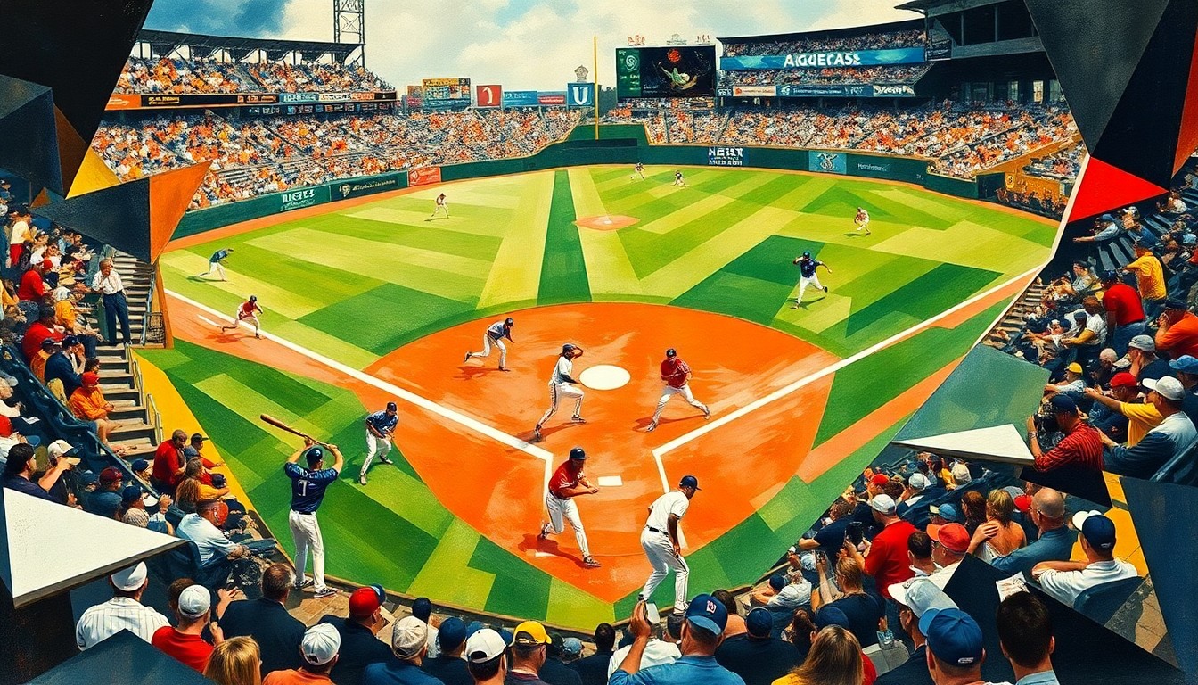 A fragmented, geometric painting depicting the dynamic action of a baseball game, with players and the field reduced to abstract shapes and colors.