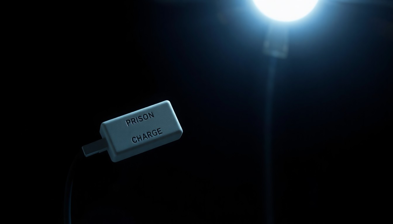 An extreme close-up photograph of a prison-issued cellphone charger cable, its metallic surface and texture dramatically illuminated by a harsh, direct camera flash against a pitch-black background, conceptually representing the contraband items that can compromise prison security.