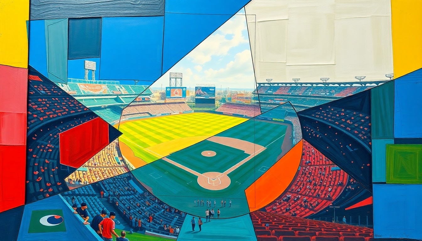 A cubist-style painting featuring fragmented geometric shapes in bright blues, reds, and yellows, representing the multi-faceted discussions and perspectives around funding a new baseball stadium.
