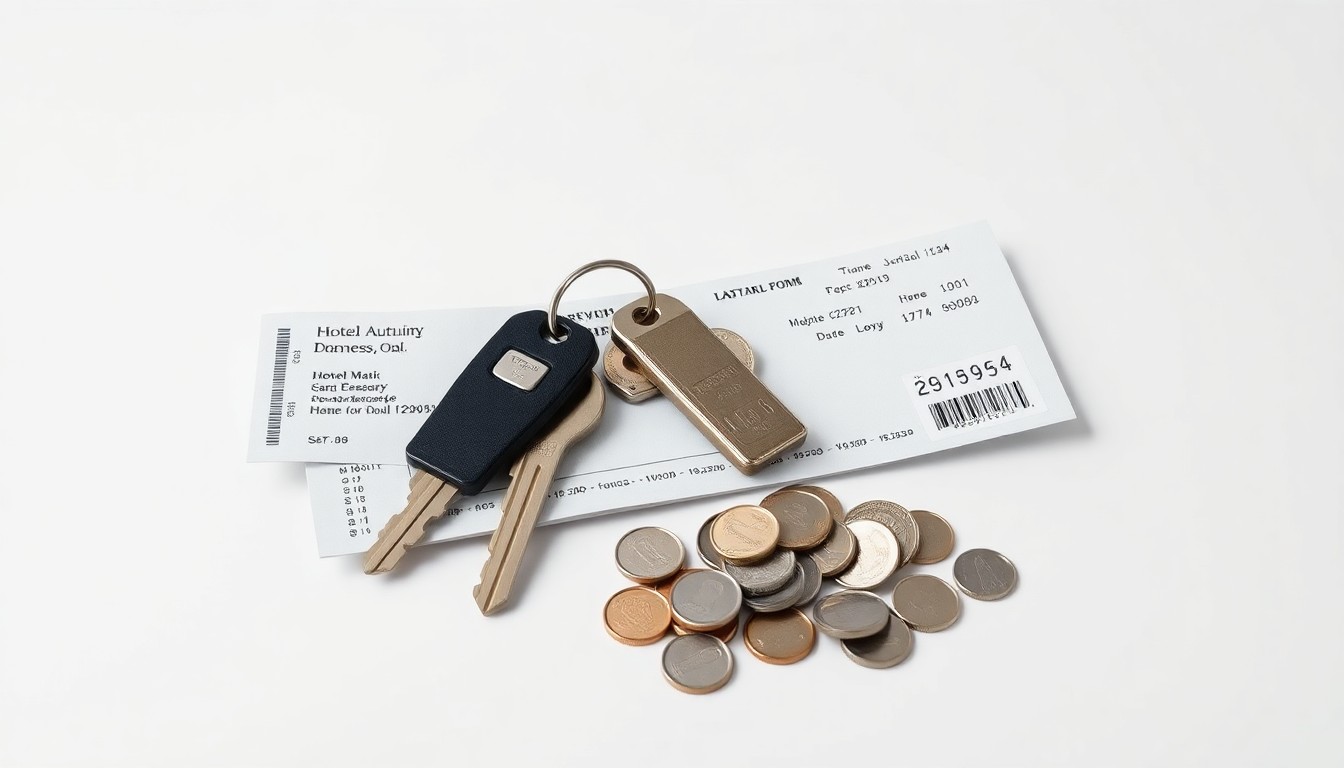 A high-end, photorealistic studio still-life featuring a stack of hotel room keys, a crumpled airline boarding pass, and a handful of loose change, arranged elegantly on a clean, monochromatic background to symbolize the excessive travel and spending of public funds by the housing authority CEO.
