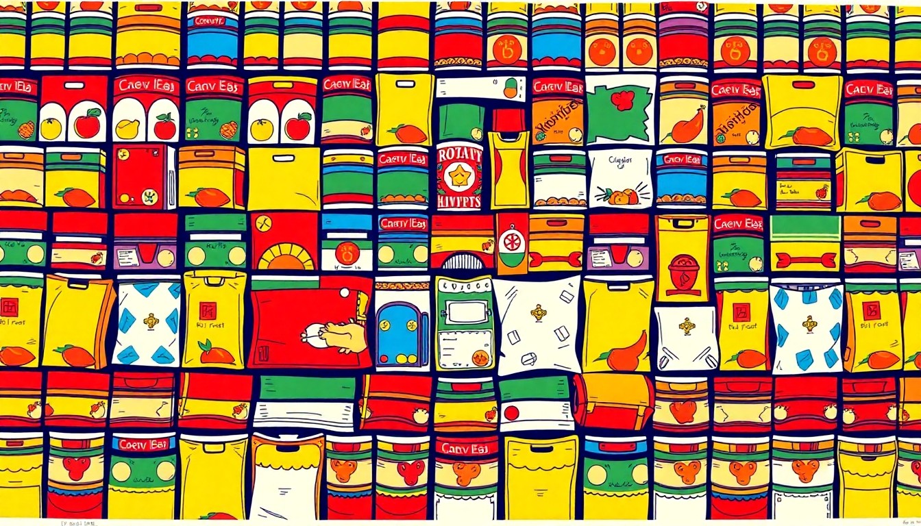 A vibrant, pop art-inspired illustration featuring a grid of canned goods, pasta, and other non-perishable food items, representing the Rotary Club's efforts to assemble nutritious meal bags for local students in need.