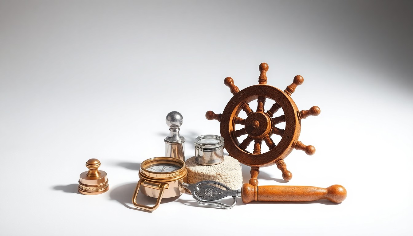 A high-end, photorealistic studio still-life photograph featuring a collection of premium nautical objects such as a polished brass compass, a sleek stainless steel boat cleat, and a weathered wooden ship's wheel, all arranged elegantly on a clean, monochromatic seamless background and lit dramatically with sharp shadows.
