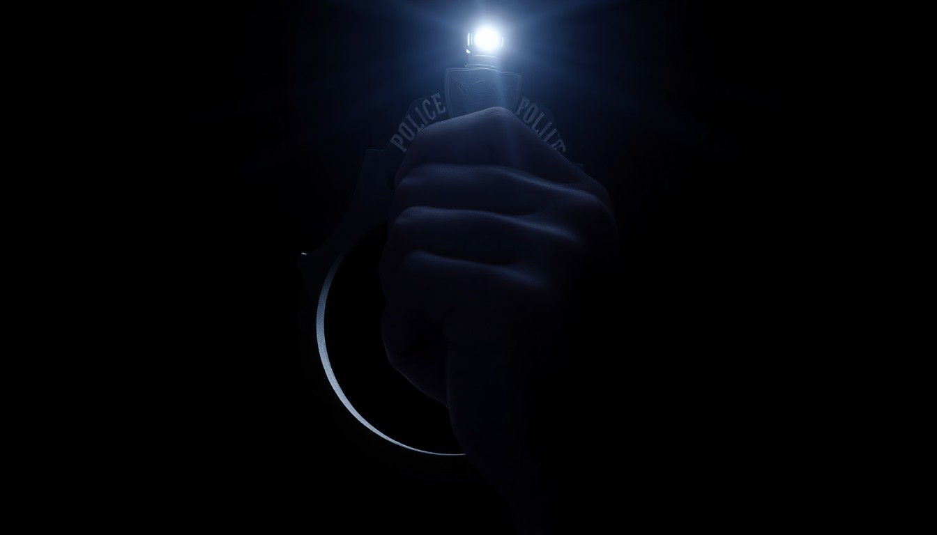 An extreme close-up of a police badge or handcuffs, the metal surface reflecting the harsh light of the camera flash, conveying a sense of the abuse of power and the need for accountability.