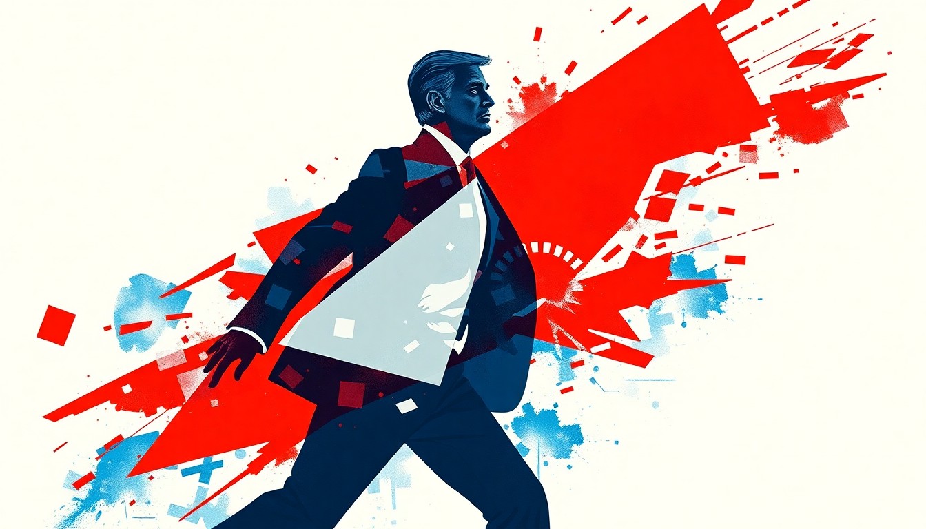 An abstract, dynamic painting featuring the silhouette of a politician in motion, with overlapping, fractured geometric shapes in shades of red, white, and blue, conveying the energy and uncertainty surrounding Trump's endorsement in the Nebraska congressional race.