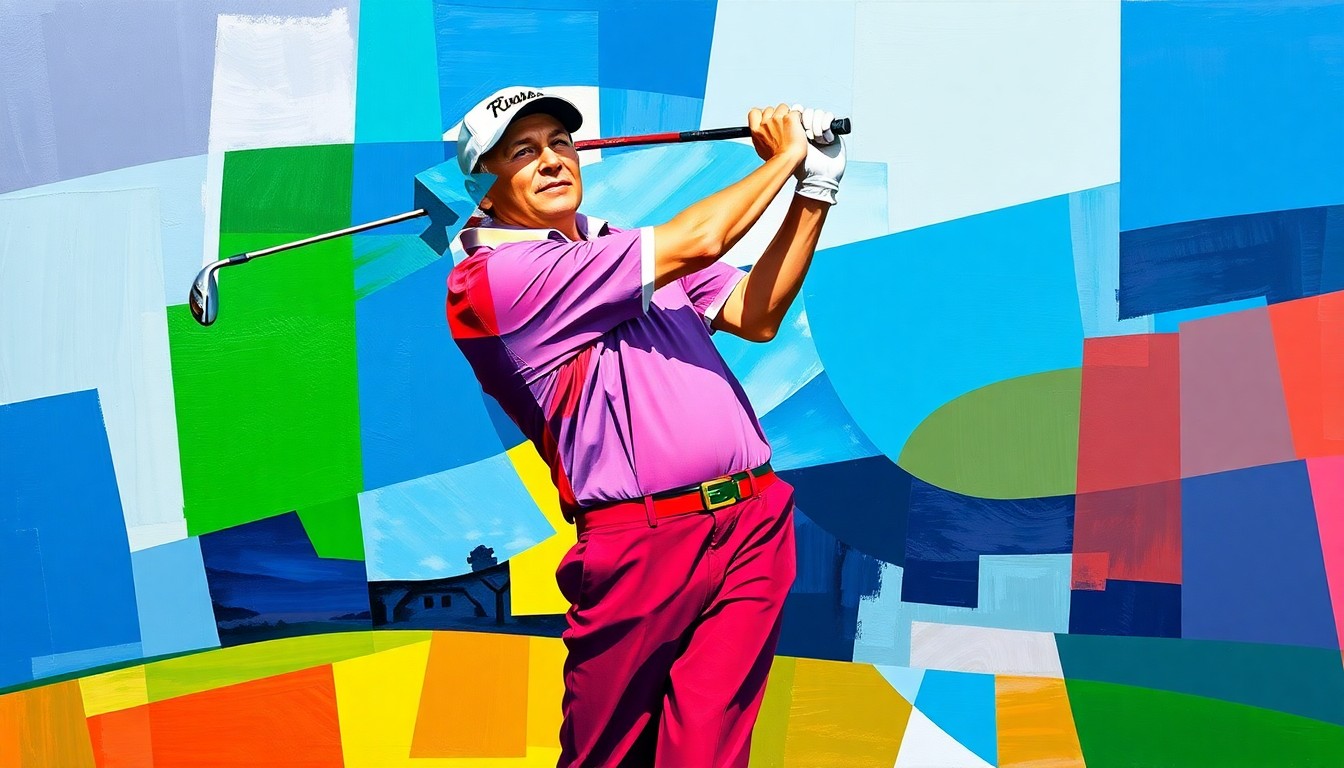 A cubist, geometric painting depicting a golfer's swing deconstructed into overlapping planes of color, representing Rickie Fowler's focused preparation for his next PGA Tour event.