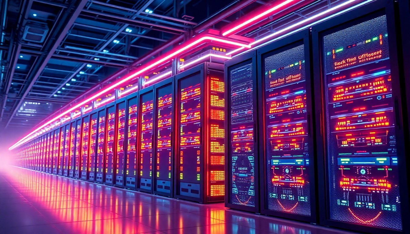 A highly detailed, glowing 3D illustration of a futuristic, neon-lit server rack or data center infrastructure, representing the technology that enables GeekOnSites' remote IT support services.