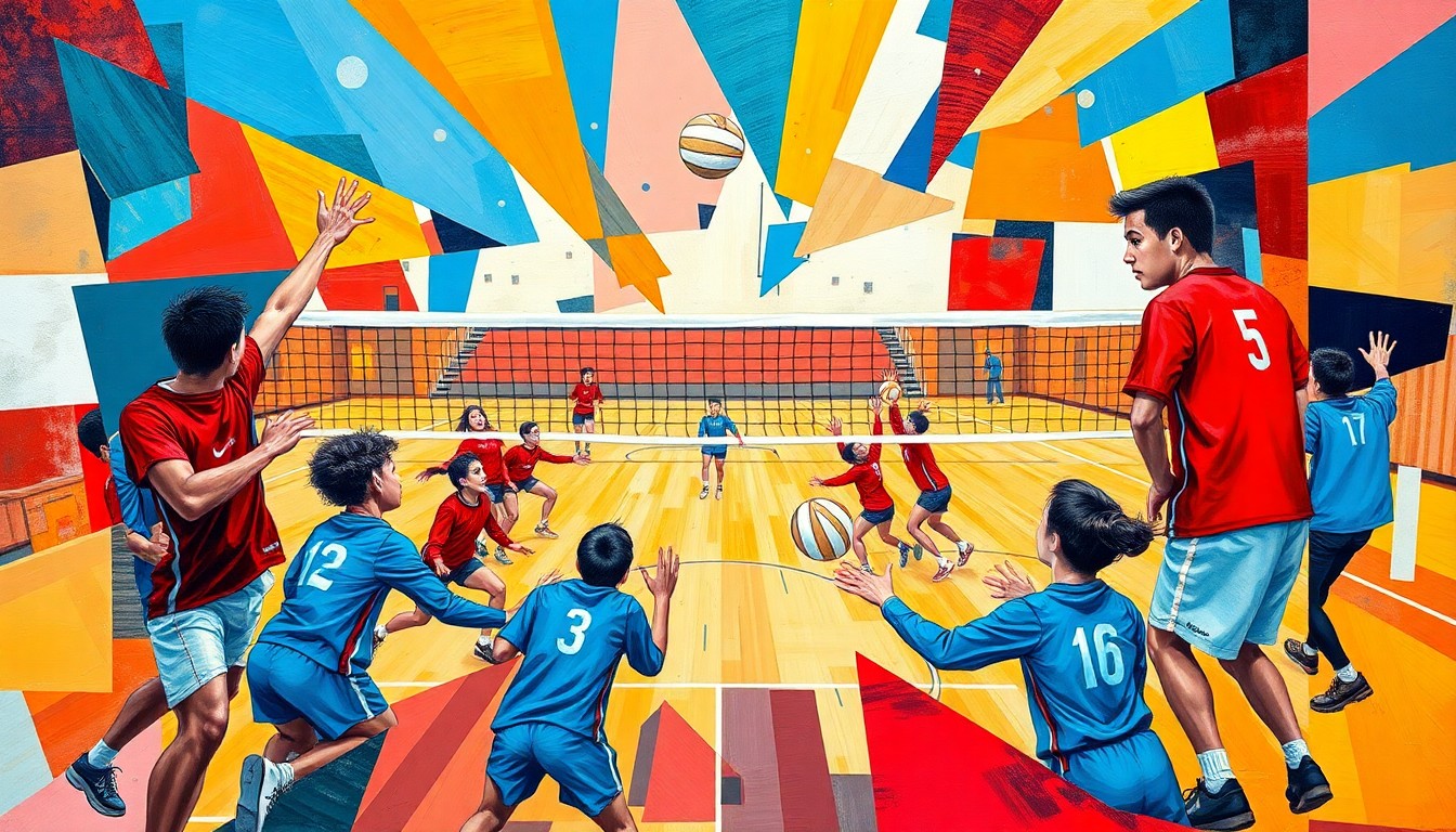 A fractured, cubist-style painting depicting a high school volleyball match, with the players and court broken down into sharp, overlapping geometric shapes and planes in vibrant colors.