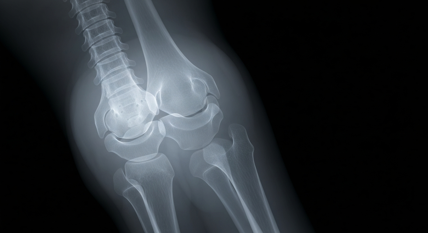 A highly detailed, translucent X-ray photograph showing the intricate bones, cartilage, and connective tissues that make up a human joint, conveying the clinical and technical nature of joint health and mobility.