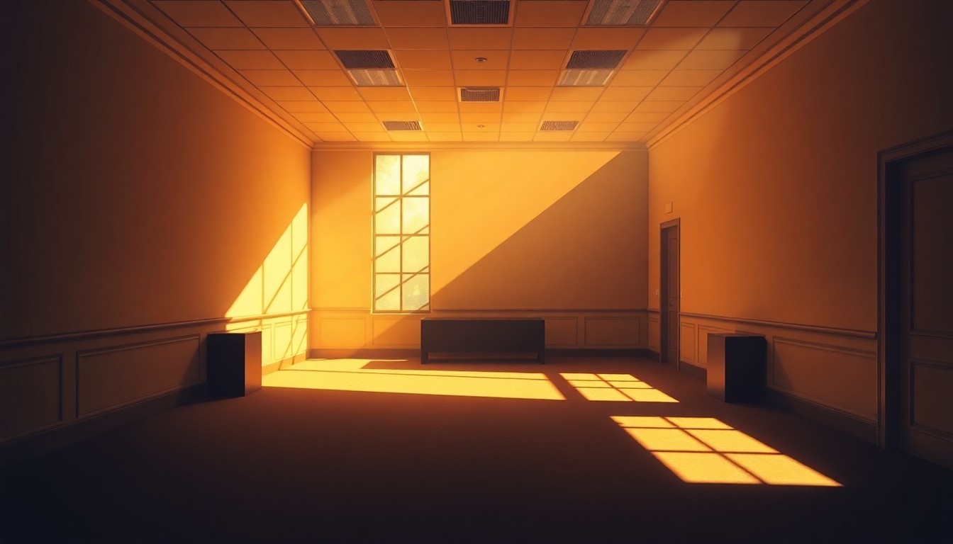 A quiet, cinematic painting of an empty government office space with a lone desk and chair, bathed in warm, diagonal sunlight and deep shadows, conveying a sense of political uncertainty and transition.