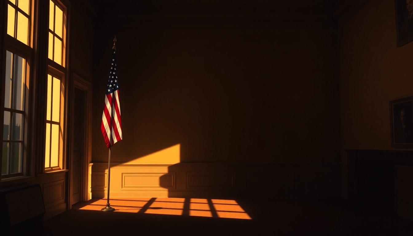A serene, painterly image of an American flag gently waving in the warm light of a political office, conveying a sense of quiet contemplation and transition.