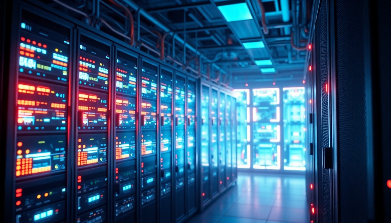 A highly detailed 3D illustration of glowing, neon-lit data servers and networking equipment, representing the advanced digital infrastructure of a modern AI data center. The hardware is set against a dark, shadowy background to emphasize the technical complexity and power of the technology.