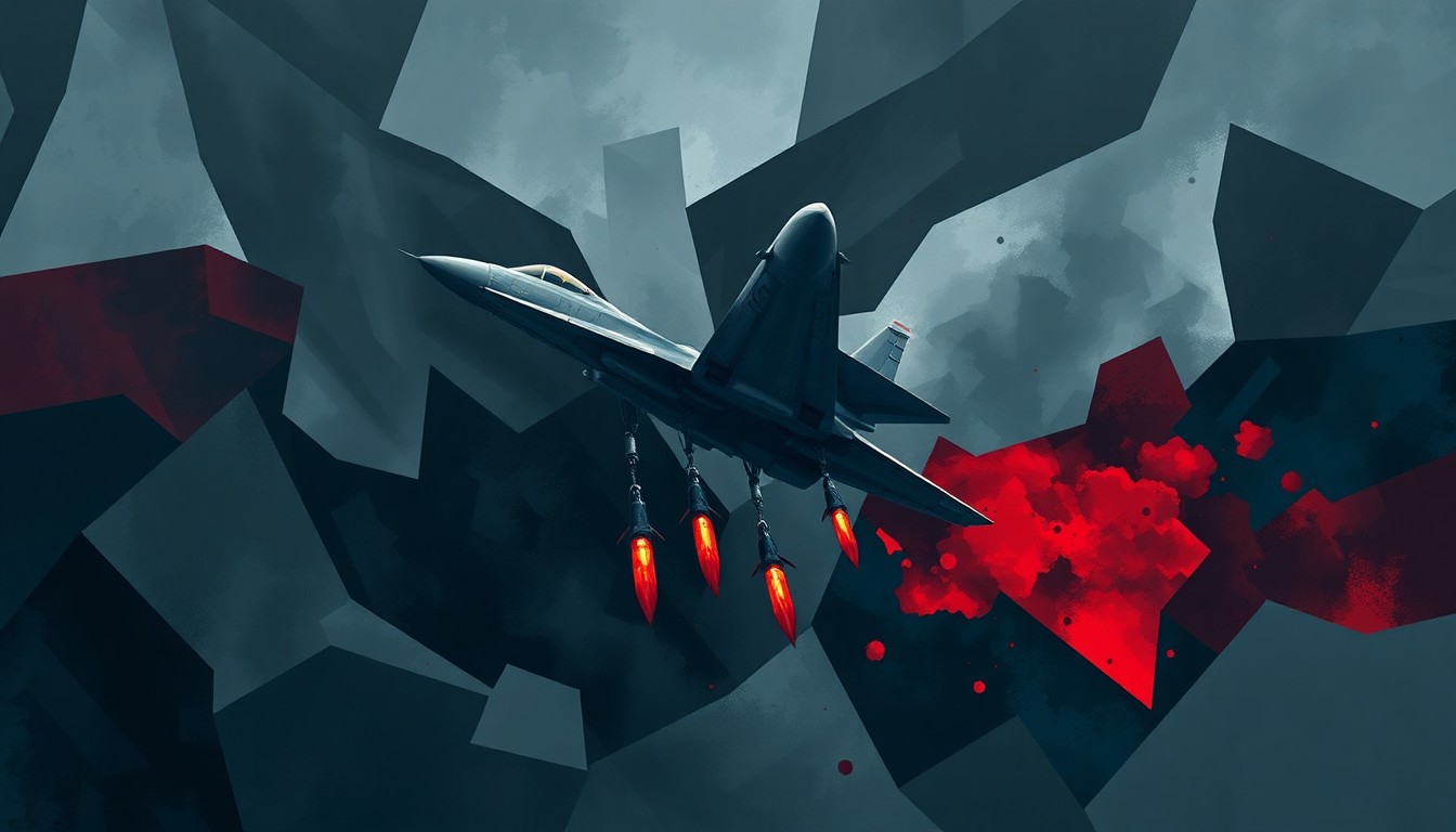 A dynamic, abstract painting of overlapping geometric shapes in shades of grey, blue, and red, conceptually representing the chaos and destruction of war without depicting any specific people, places, or events.