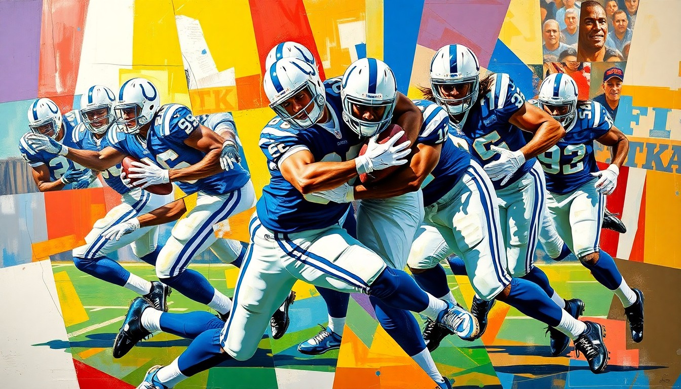 A cubist, geometric painting depicting a football safety making a tackle, with the player's form broken down into sharp, overlapping planes of blue and white colors.