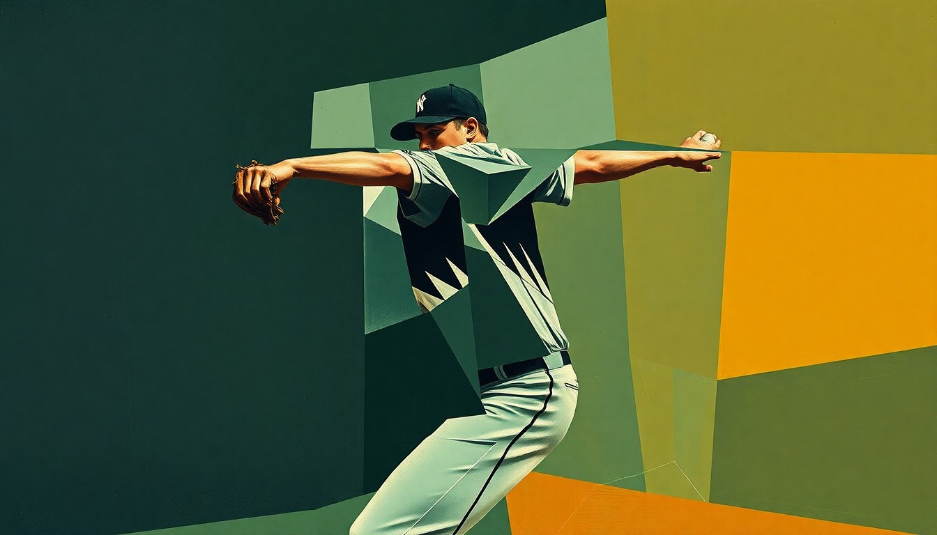 A fragmented, geometric painting depicting a baseball pitcher's motion, with sharp, overlapping planes in muted tones of navy, forest green, and ochre, conveying the raw athleticism and movement of the sport.